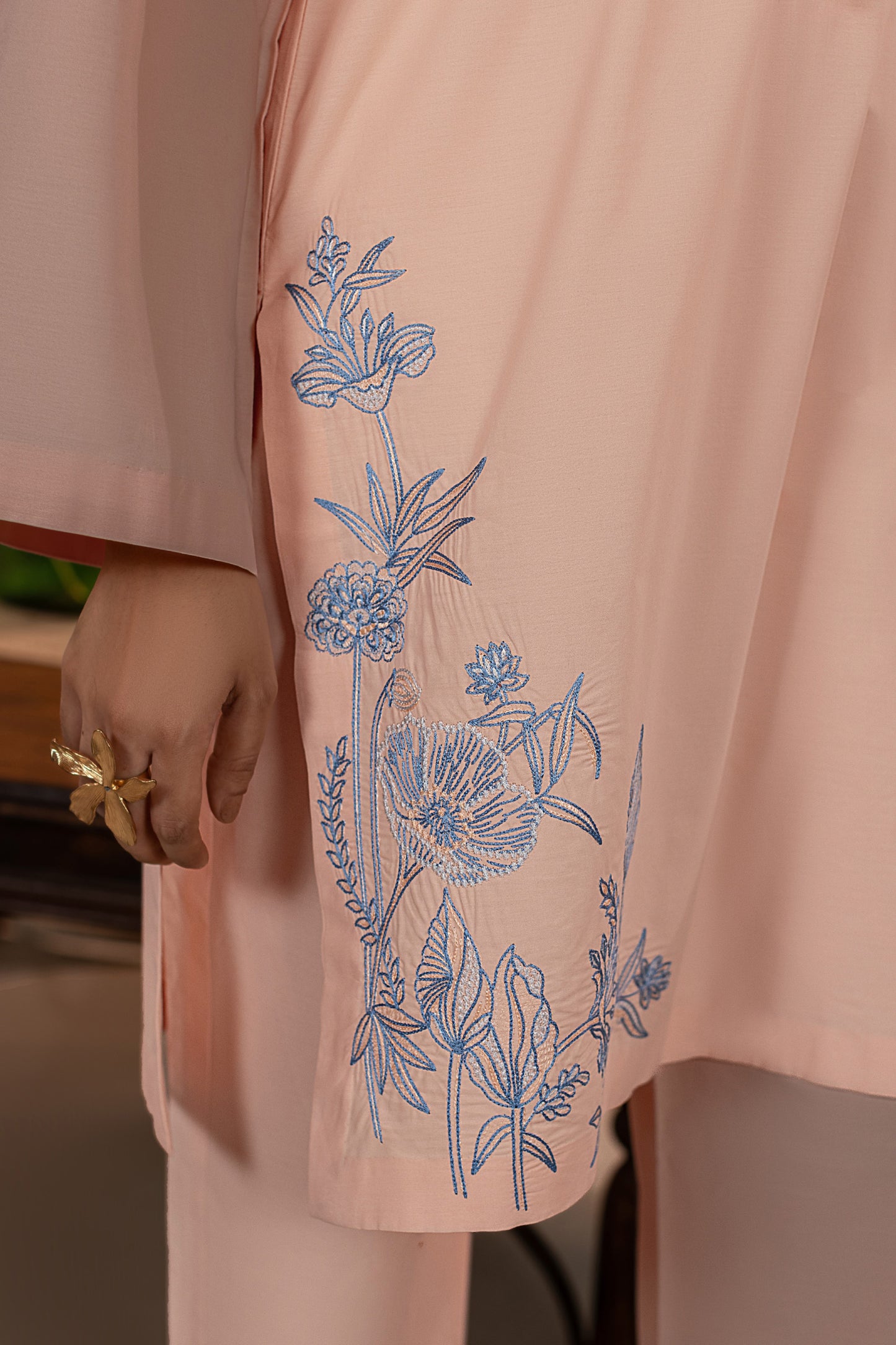Peach Embroidered Cambric Cotton Suit – view 1