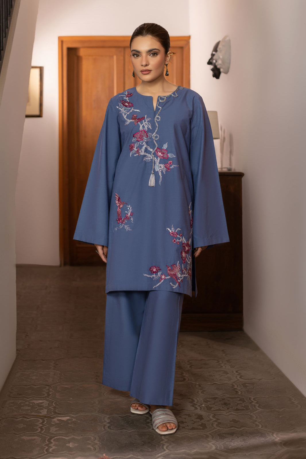 Powder Blue Embroidered Cambric Cotton Suit