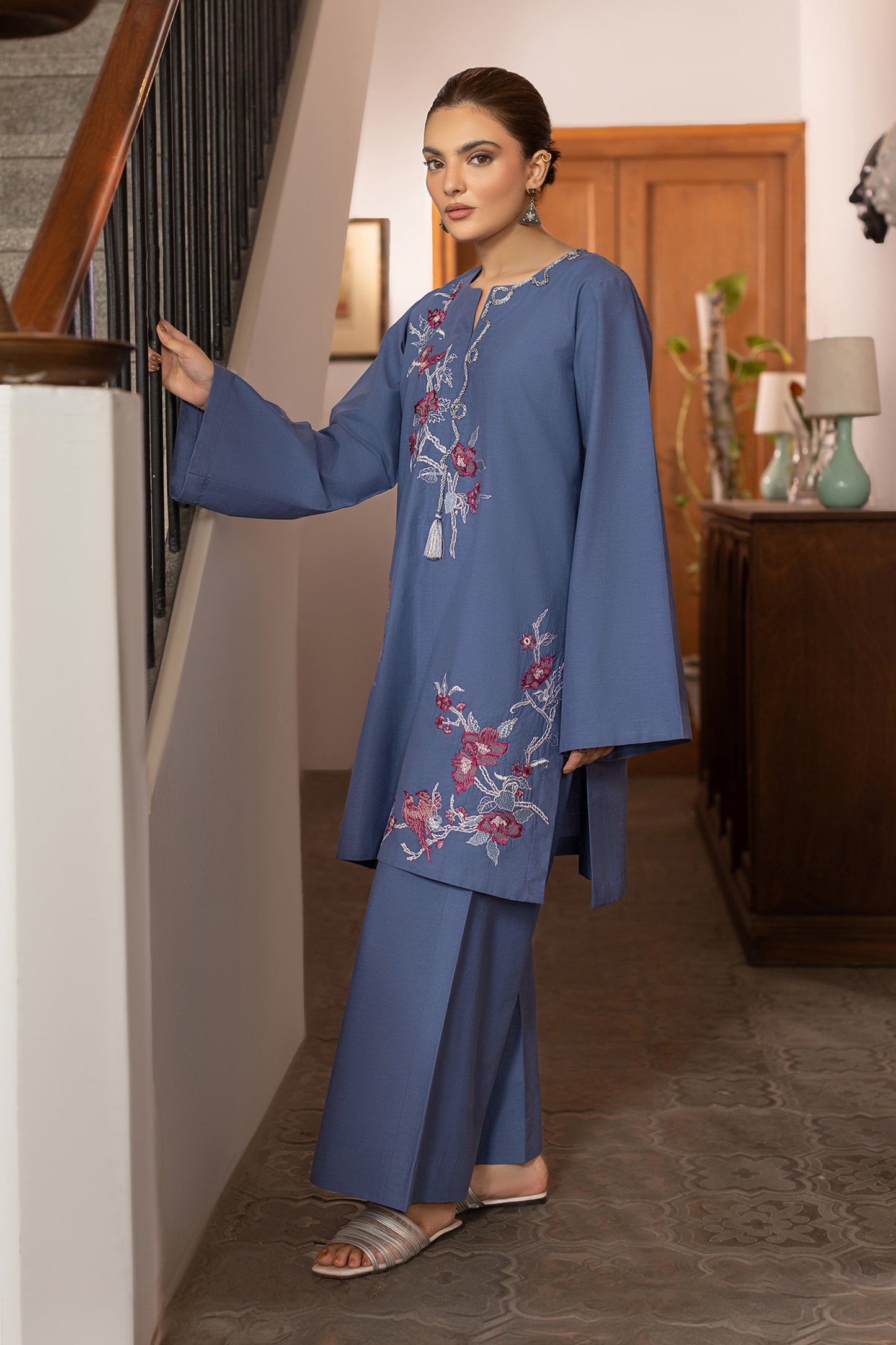 Powder Blue Embroidered Cambric Cotton Suit – view 1