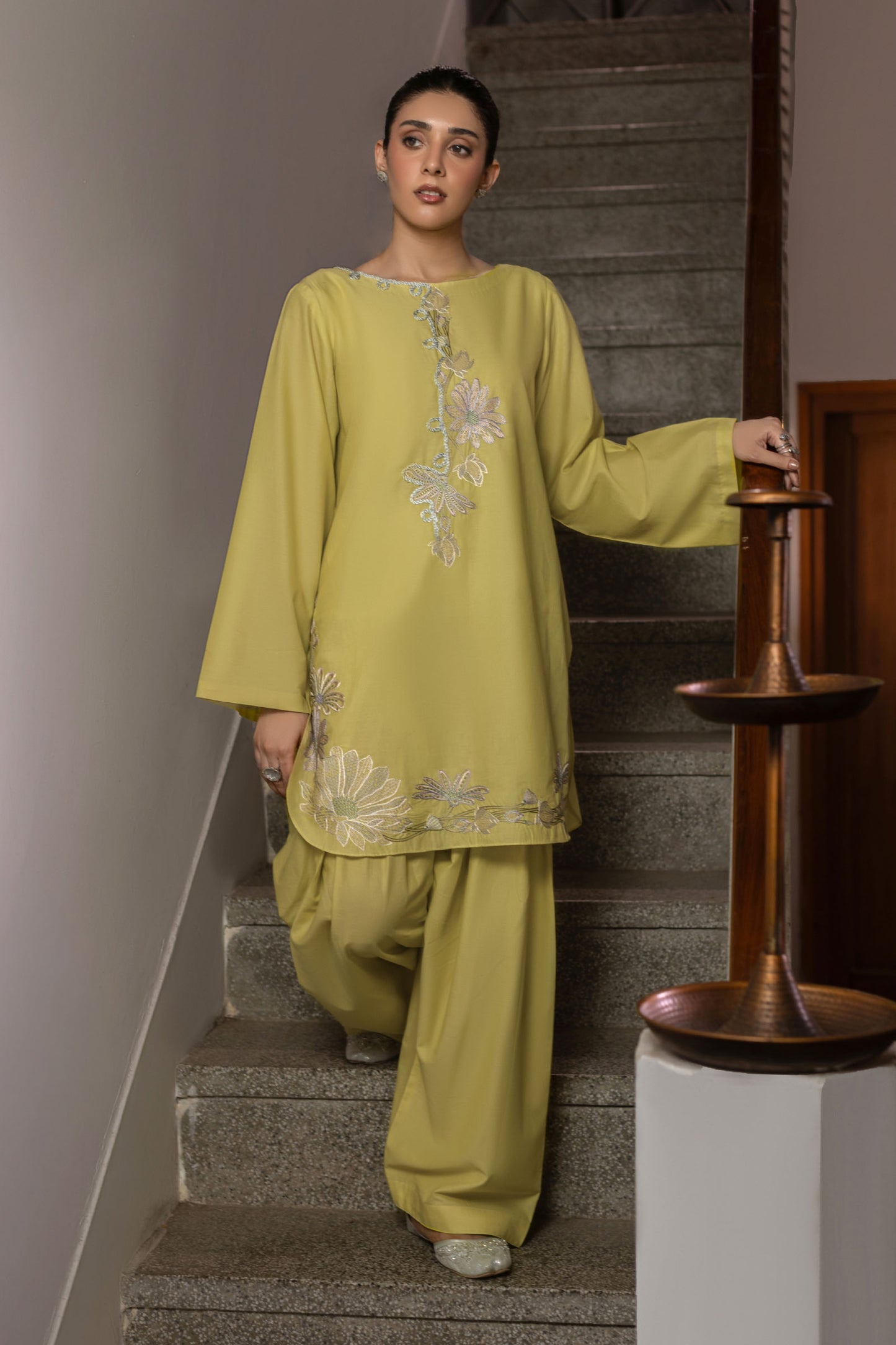 Lime Yellow Embroidered Cambric Cotton Suit