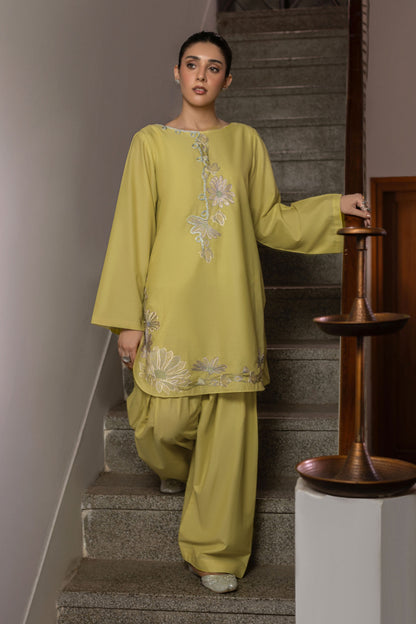 Lime Yellow Embroidered Cambric Cotton Suit