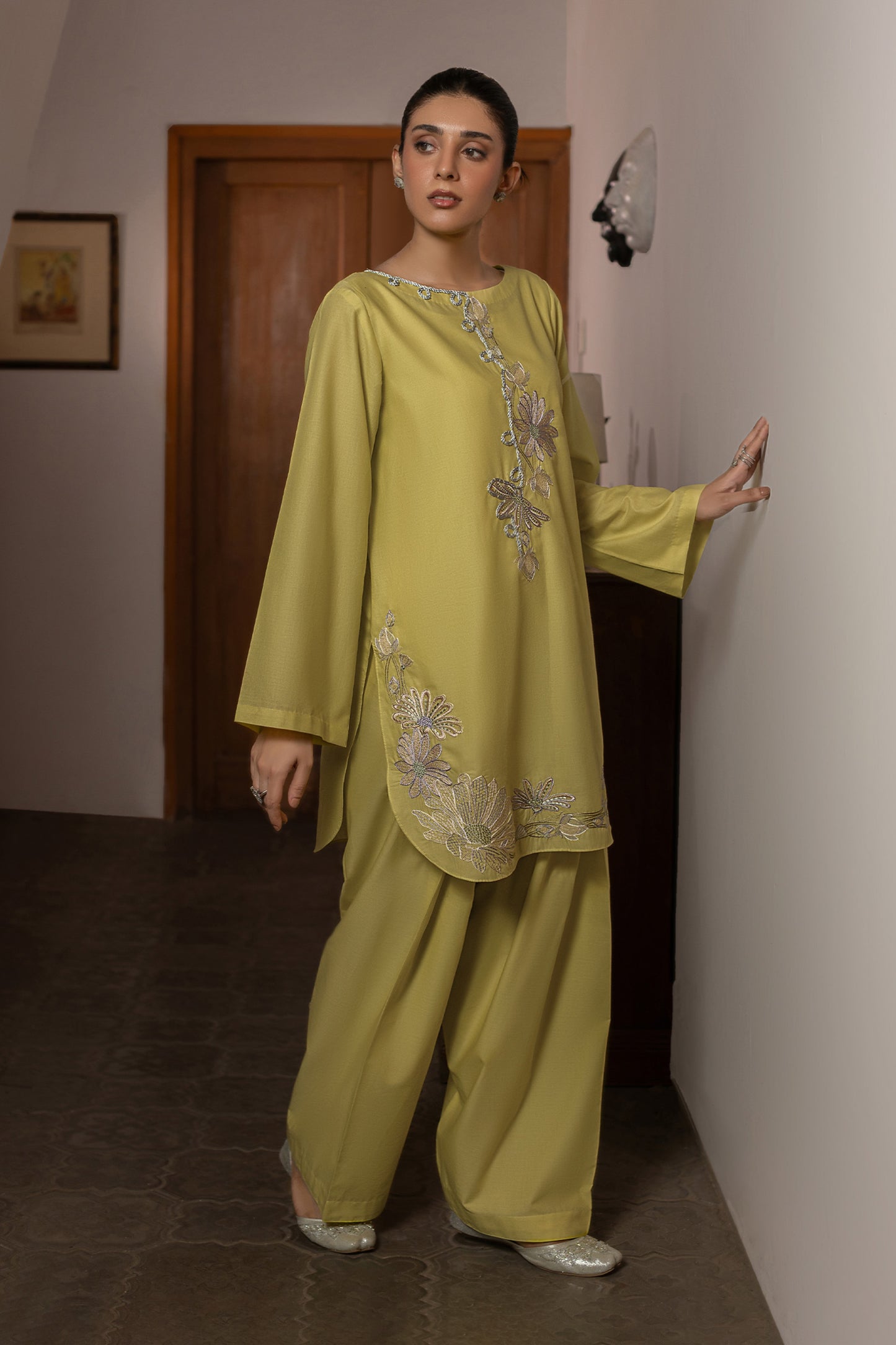 Lime Yellow Embroidered Cambric Cotton Suit – view 1