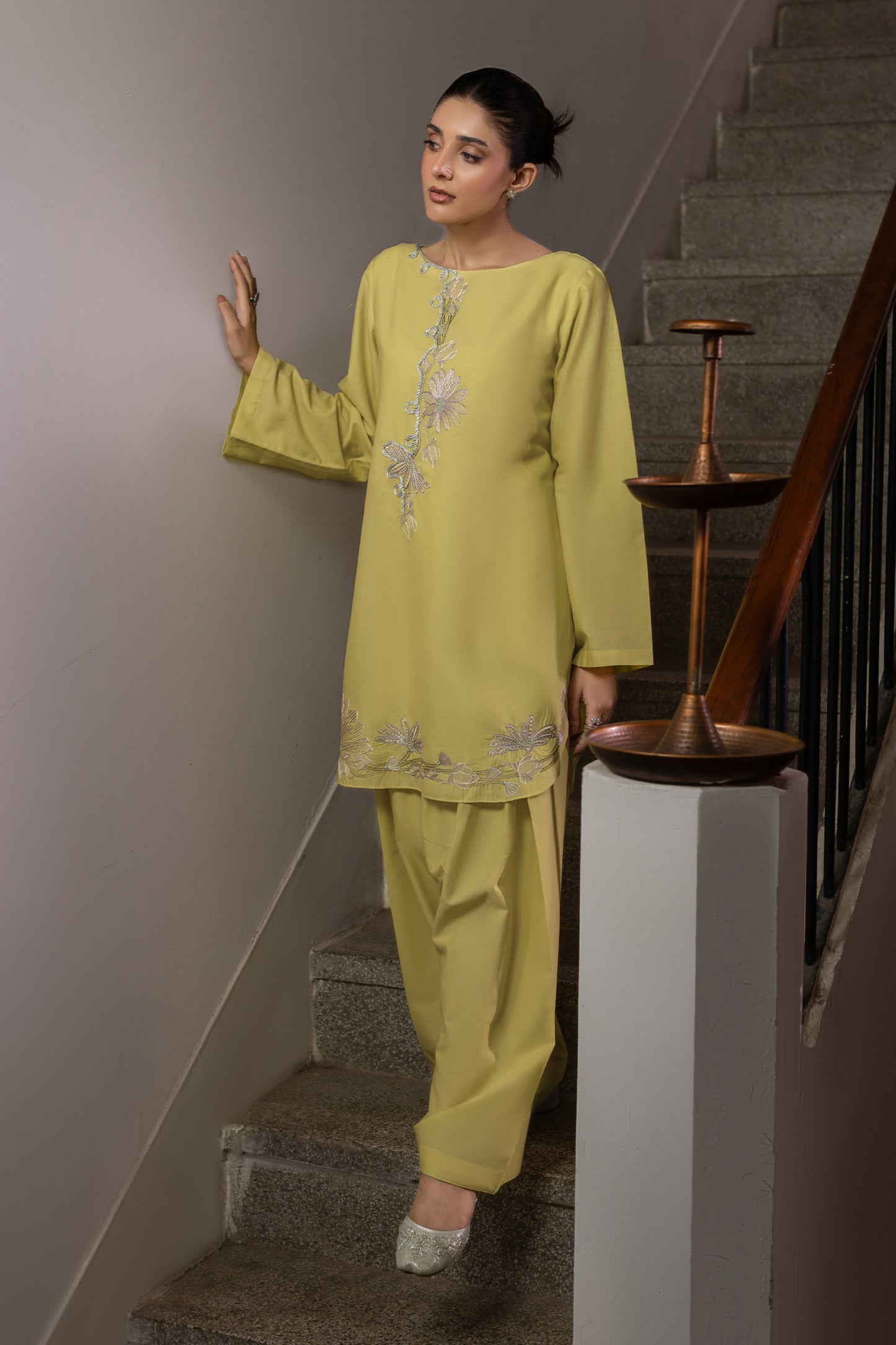 Lime Yellow Embroidered Cambric Cotton Suit – view 2