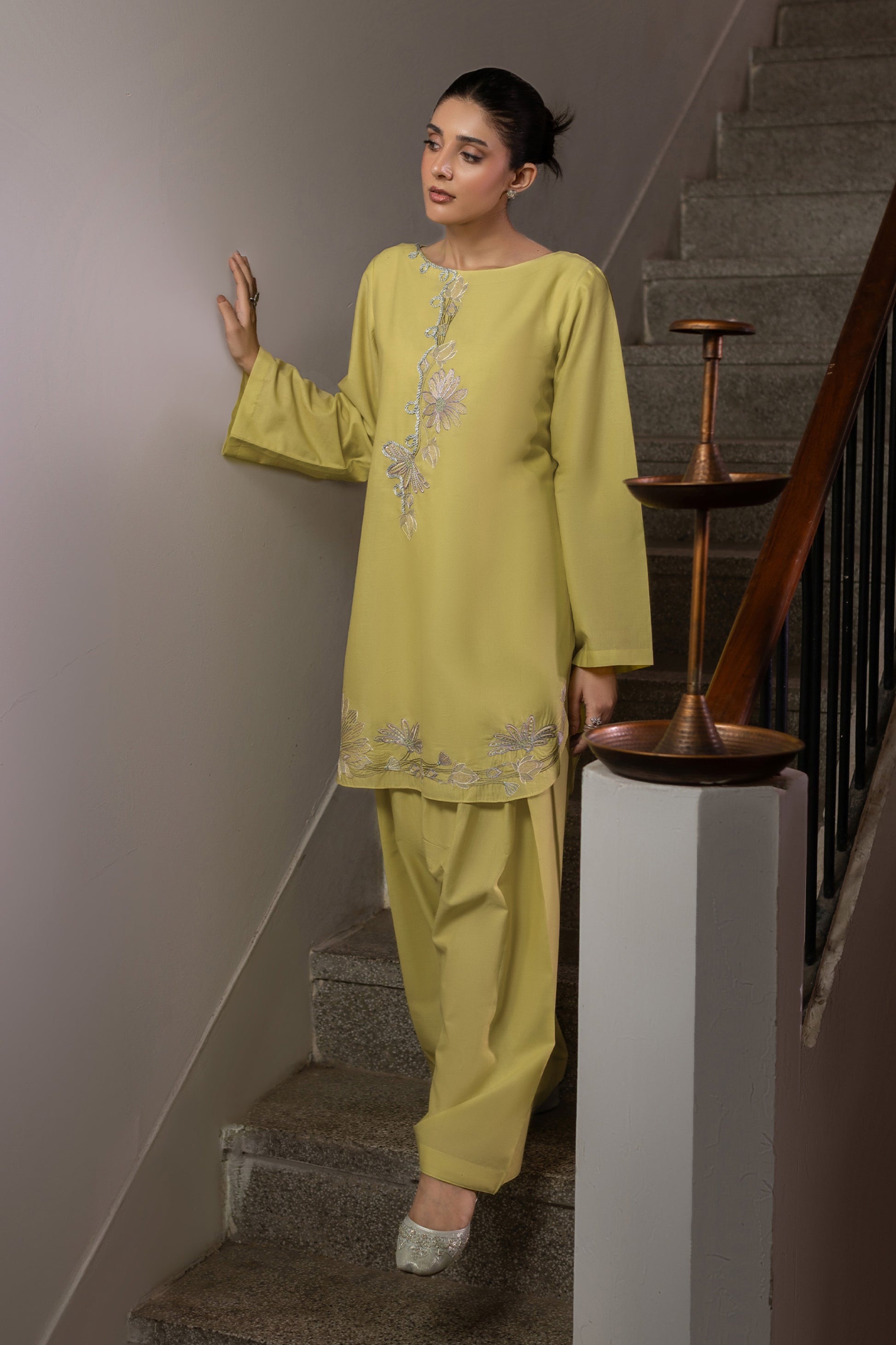 Lime Yellow Embroidered Cambric Cotton Suit – view 2