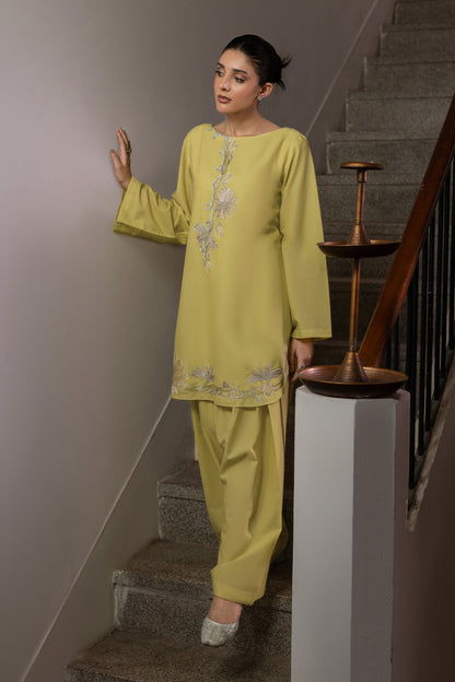 Lime Yellow Embroidered Cambric Cotton Suit – view 2