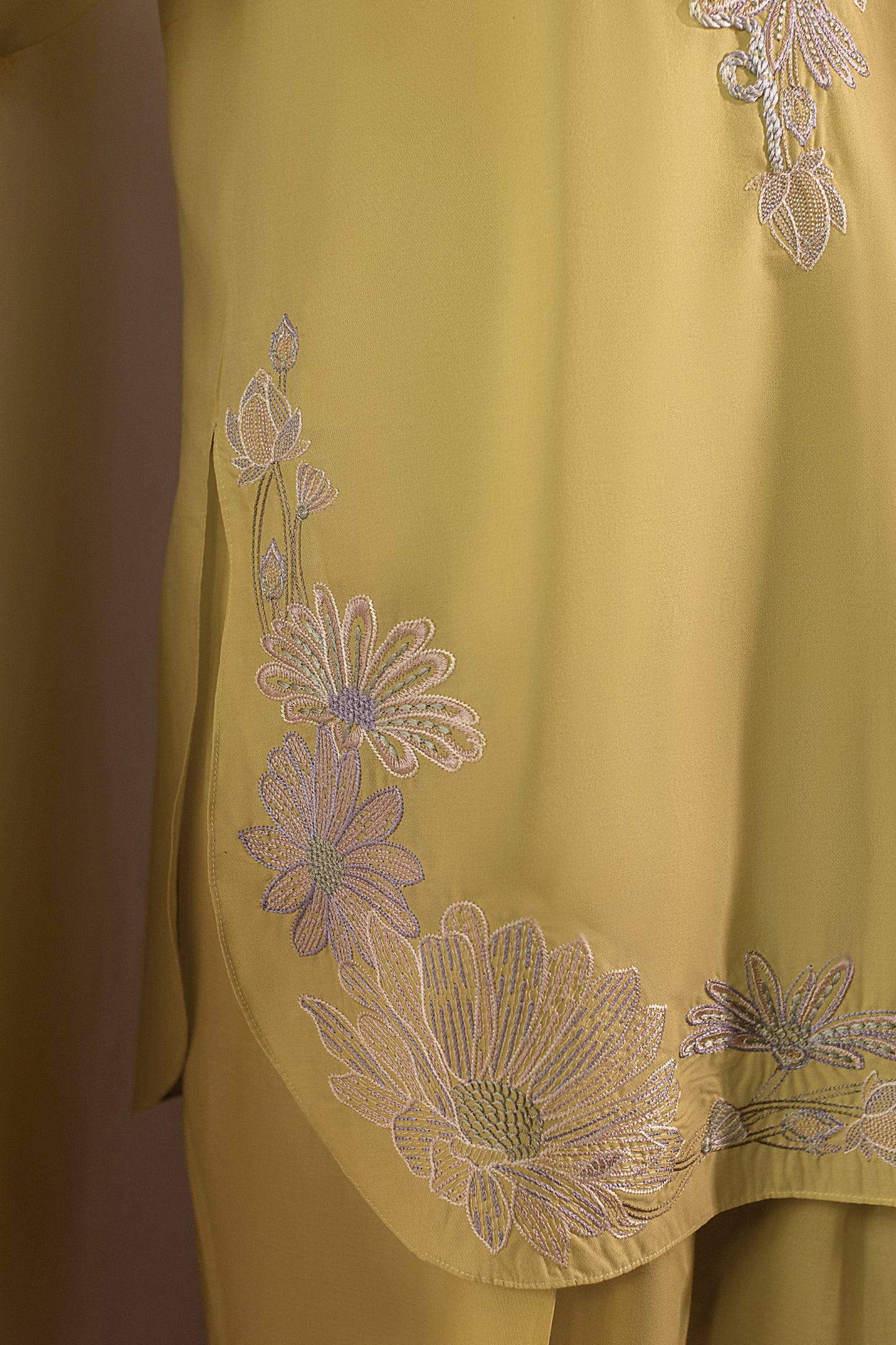 Lime Yellow Embroidered Cambric Cotton Suit – view 4
