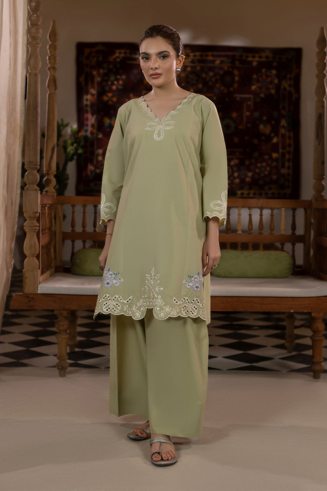 Mint Green Embroidered Cambric Cotton Suit