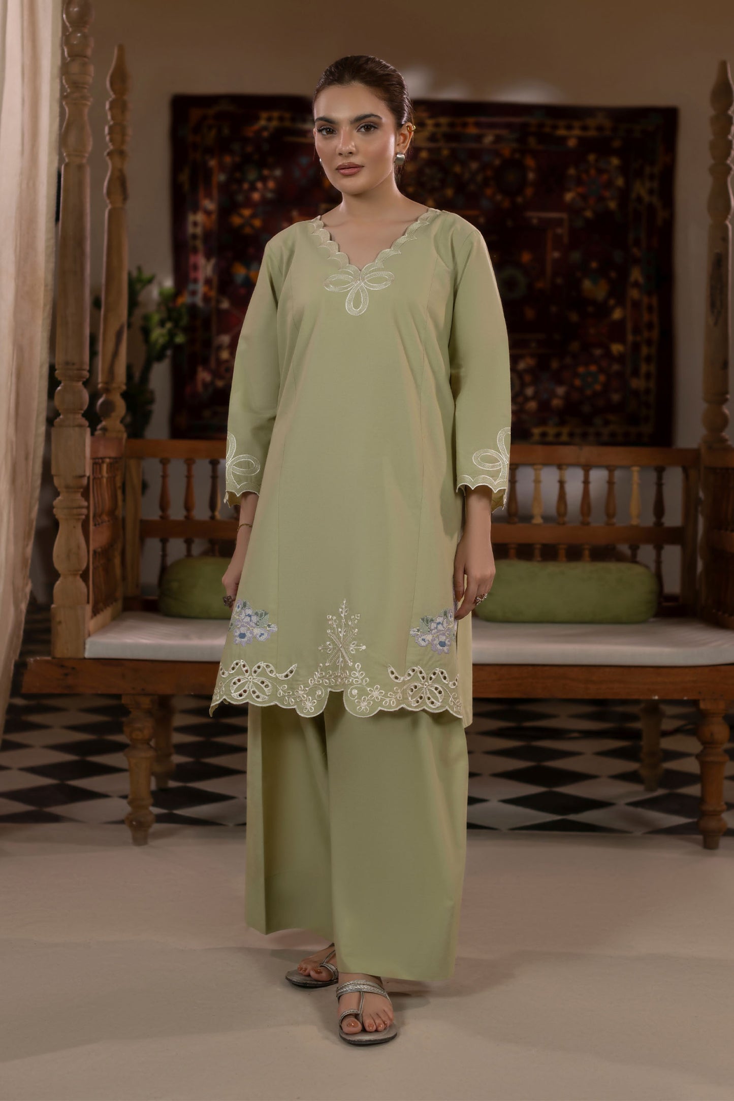 Mint Green Embroidered Cambric Cotton Suit