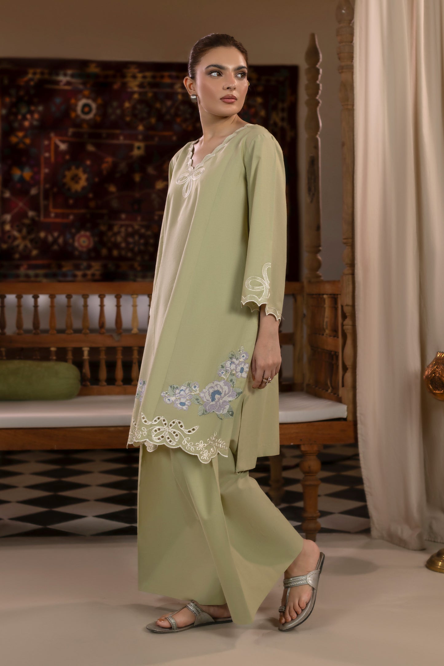 Mint Green Embroidered Cambric Cotton Suit – view 1