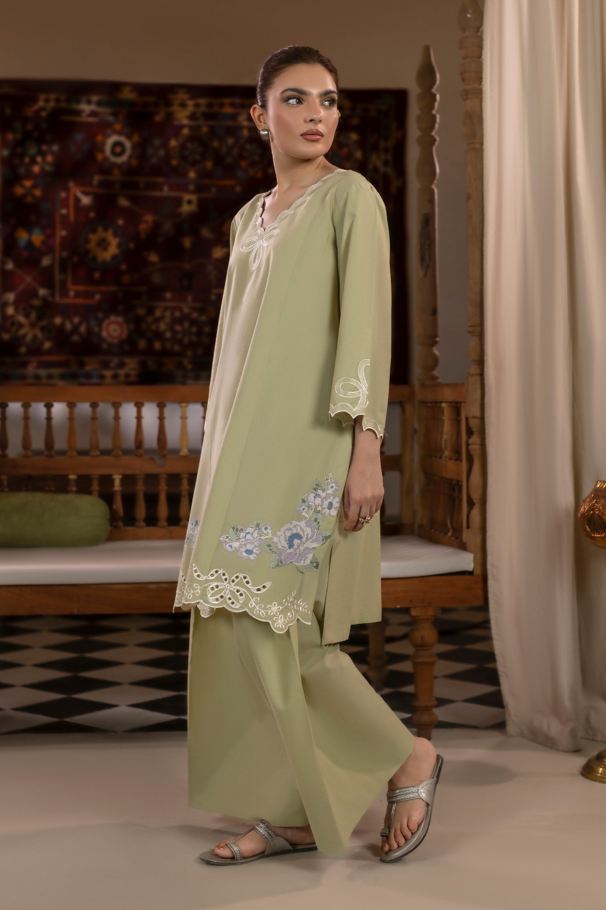 Mint Green Embroidered Cambric Cotton Suit – view 1