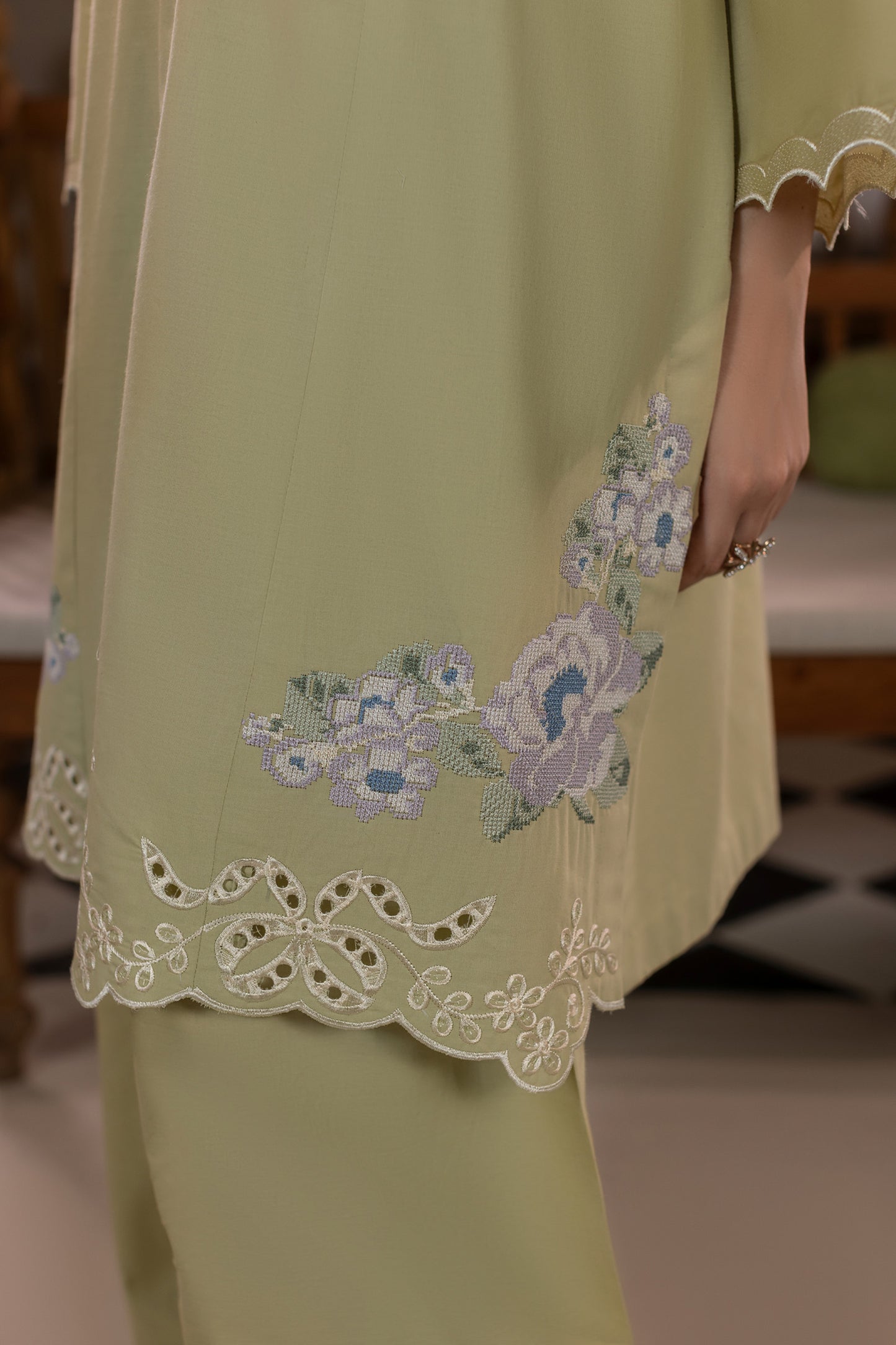 Mint Green Embroidered Cambric Cotton Suit – view 4